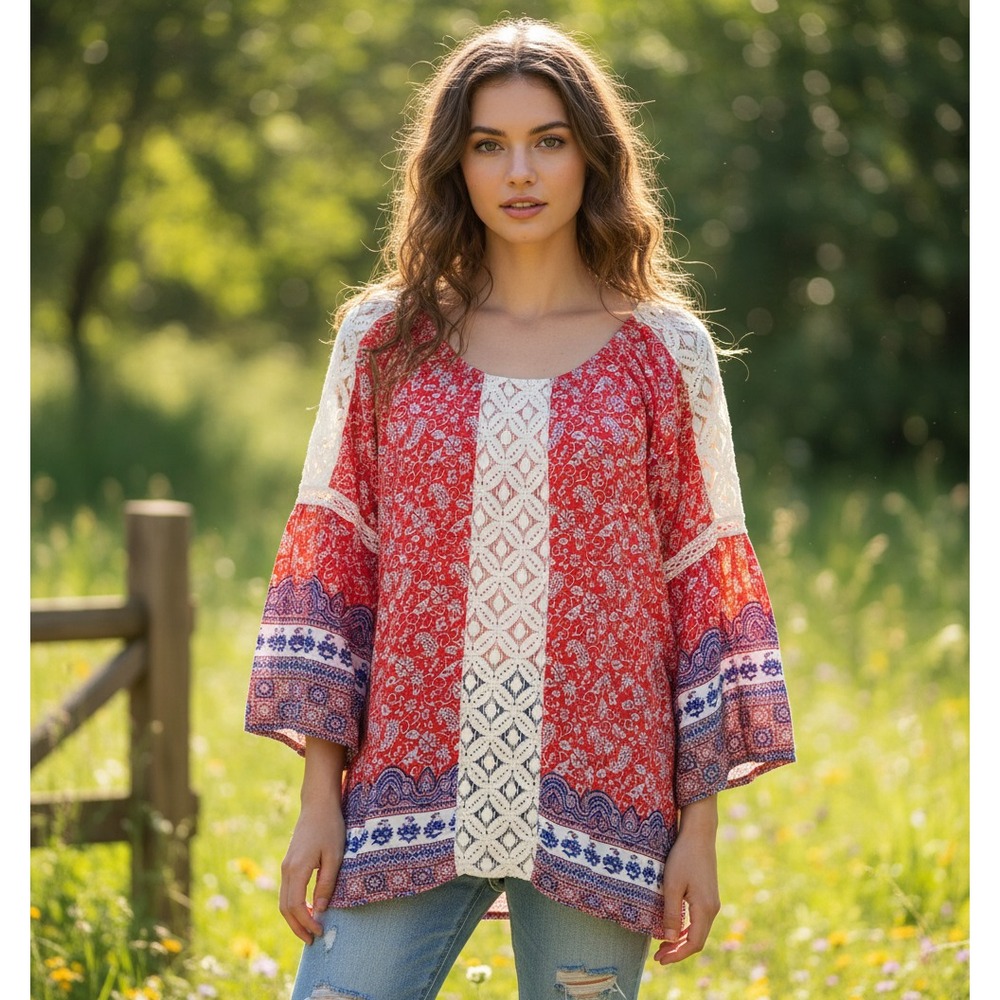 Valerie Stevens XL Red Top Boho Peasant Festival‎ Folk Cottage 60s 70s Retro